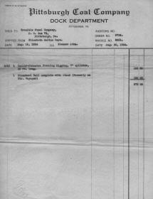 Invoice from the collection of Barbara Ritts, her grandfather C. E. Ritts Sr.was a Pilot and then Supt. of  River Transportation for Crucible Steel from 1925 to 1952