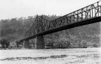 Photo of KEYSTONE DREDGE # 4 under Sewickley, PA Bridge from collection of Cincinnati Inland Rivers Library is dated 1918