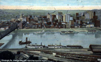 Postcard showing city of Pittsburgh, with odd shaped craft