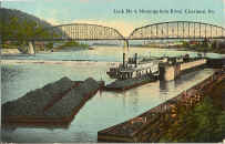 Color Version  Old Lock 4  with Steamer Titan and Charleroi Monessen Bridge in Background.  Postcard from collection of Norman Crawford