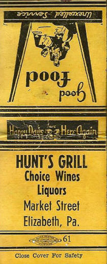 Matchbook cover for Hunt's Grill